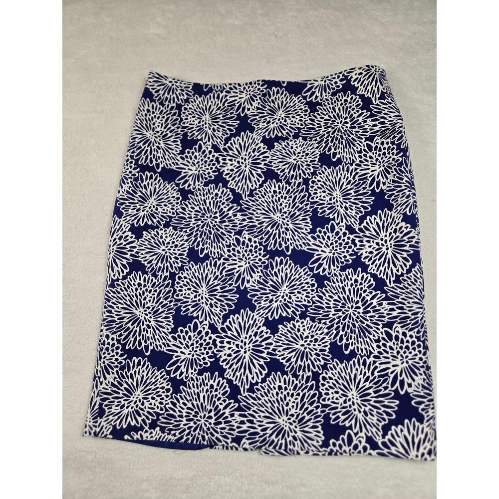 Liz Claiborne Navy Blue White Floral Chrysanthemum Pencil Skirt Size 8 Cotton